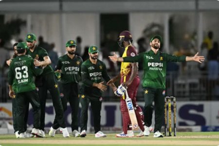 Salman Agha and the Pakistan players celebrate the T20I series win, which came after the loss in Bangladesh•Aug 03, 2025•AFP/Getty Images