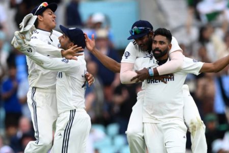 Mohammed Siraj soaks it in after claiming the final wicket. (Getty Images)
