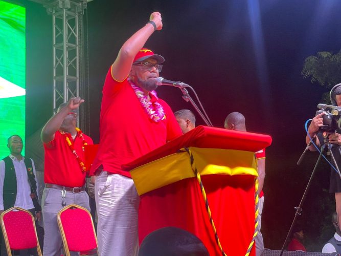 President Irfaan Ali during his address at the Enterprise public meeting yesterday