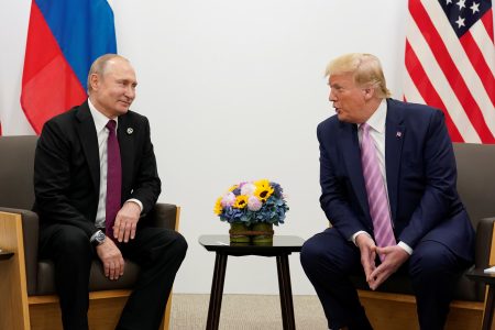 Russia's President Vladimir Putin and U.S. President Donald Trump talk during a bilateral meeting at the G20 leaders summit in Osaka, Japan, June 28, 2019. REUTERS/Kevin Lamarque 