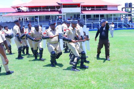The Guyana Police Force, in collaboration with the Miami-Dade Sheriff’s Office, on Monday launched a Crisis Management Training Programme at the Officers’ Training Centre, Camp Road, Georgetown, with 58 ranks participating, all drawn from the Tactical Services Unit. This police photo yesterday shows part of the training.
