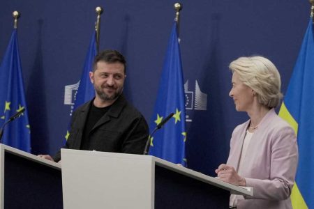 European Commission President Ursula von der Leyen holds a press conference with Ukrainian President Volodymyr Zelensky in Brussels, Belgium, before they head to Washington, DC, with other European leaders to meet with US President Donald Trump, Aug 17, 2025. REUTERS/Bart Biesemans