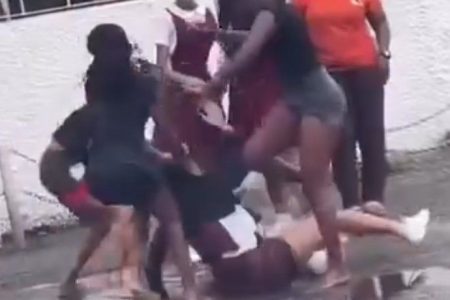 A screenshot from a video showing a group of girls assaulting a Holy Faith Convent, Couva student in June. COURTESY: SOCIAL MEDIA