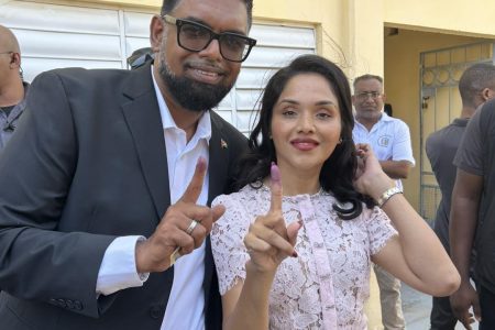 President Irfaan Ali and First Lady Arya Ali have cast their votes at the Leonora Technical and Vocational Institute