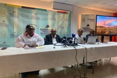 Gecom’s final press conference before General and Regional Elections 2025 with from left: PRO Yolanda Ward, CEO Vishnu Persaud, DCEO Aneal Giddings and Civic and Voter Education Manager, Nardeo Persaud.
