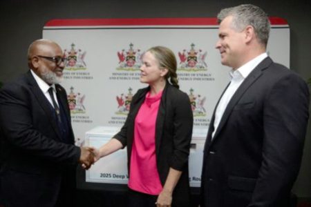 Minister of Energy and Energy Industries, Ernesto Kesar,
left, speaks with CNOOC International senior manager commercial Americas, Lana Ellard and senior manager engineering, Jeff Smith, at the closing ceremony of the 2025 Deepwater Competitive Bidding Round, at the Ministry of Energy and Energy Industries, Tower C, International Waterfront Campus, Port-of-Spain, on Wednesday.