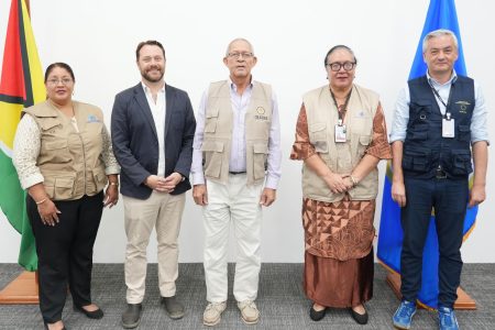 From left are the heads of the CARICOM, Carter Center, OAS, Commonwealth and EU teams respectively:  Josephine Tamai, Jason Carter, Bruce Golding,  Fekitamoeloa Katoa ‘Utoikamanu and Robert Biedroń. (OAS Observer Mission photo)
