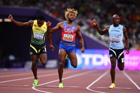 Noah Lyles of the U.S. crosses the finish line to win the men's 200m final REUTERS/Sarah Meyssonnier 