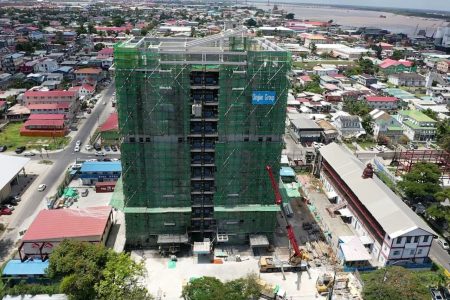 The 12-storey, US$28 million Brickdam Police Station which is currently under construction. (Ministry of Home Affairs photo)