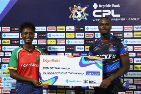 Man of the match, Jayden Seales of Antigua & Barbuda Falcons collects his award after the Men's 2025 Republic Bank Caribbean Premier League match between Guyana Amazon Warriors v Antigua & Barbuda Falcons at Providence Stadium on September 10, 2025 in Georgetown, Guyana. (Photo by Ashley Allen - CPL T20/CPL T20 via Getty Images)